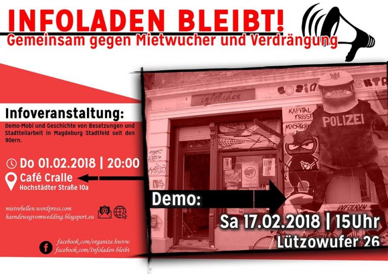 Demo am Samstag, 17.02., 15 Uhr am Berliner Lützowufer 25 für den Magdeburger Infoladen Stadtfeld