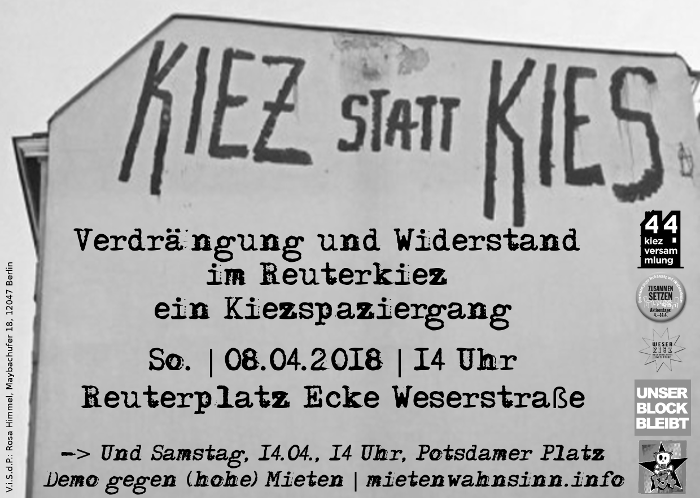 So. – 08.04. – 14 Uhr | Reuterplatz | Verdrängung und Widerstand im Reuterkiez – ein Kiezspaziergang