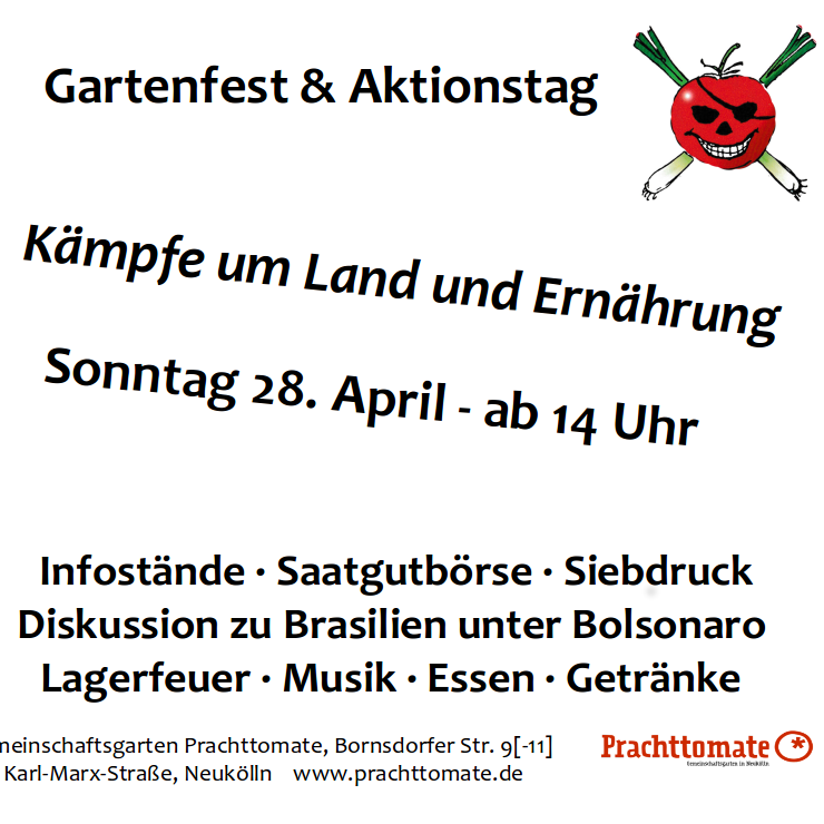 Gartenfest zum Internationalen Tag des kleinbäuerlichen Widerstands | So. 28.04. | 14 – 18 Uhr | @ Prachttomate | Festa no Jardim – Dia Internacional de Luta Camponesa